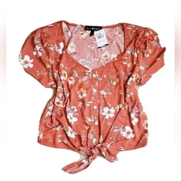 DEREK HEART Tie Floral Short Sleeve Top Casual - Picture 2 of 8